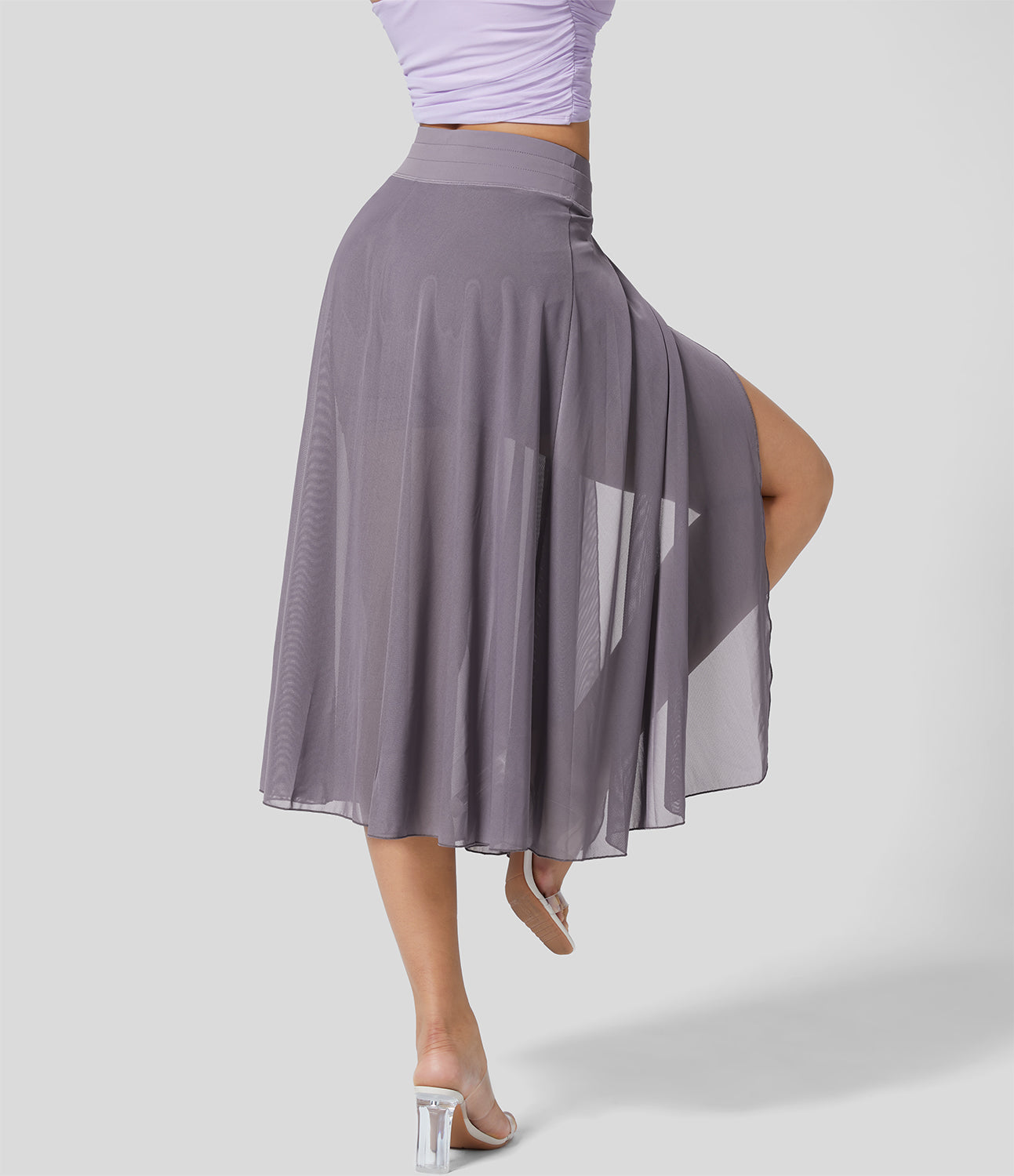 Mesh Overlay High Waist Midi Skirt with Inner Shorts & Pockets