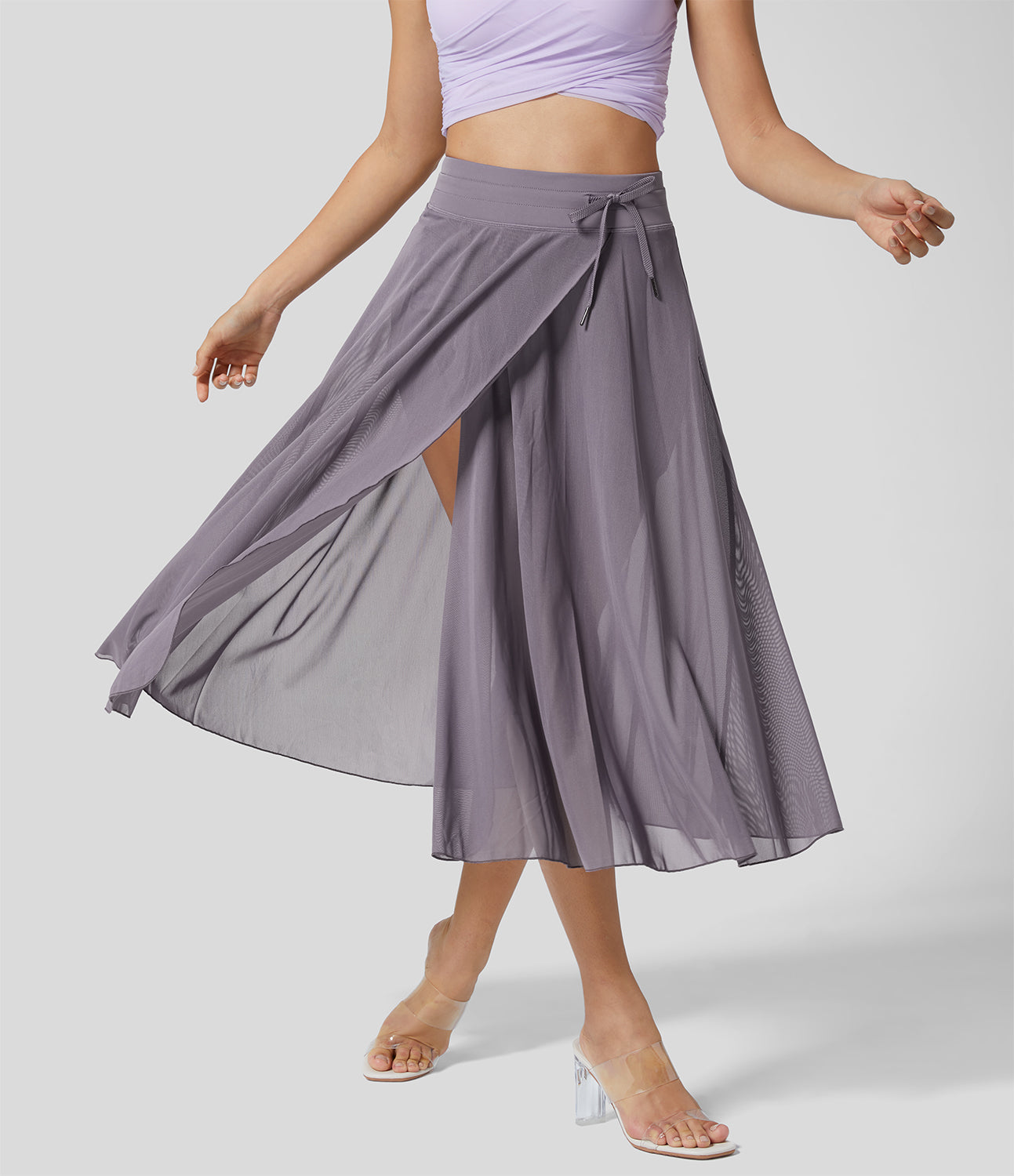 Mesh Overlay High Waist Midi Skirt with Inner Shorts & Pockets