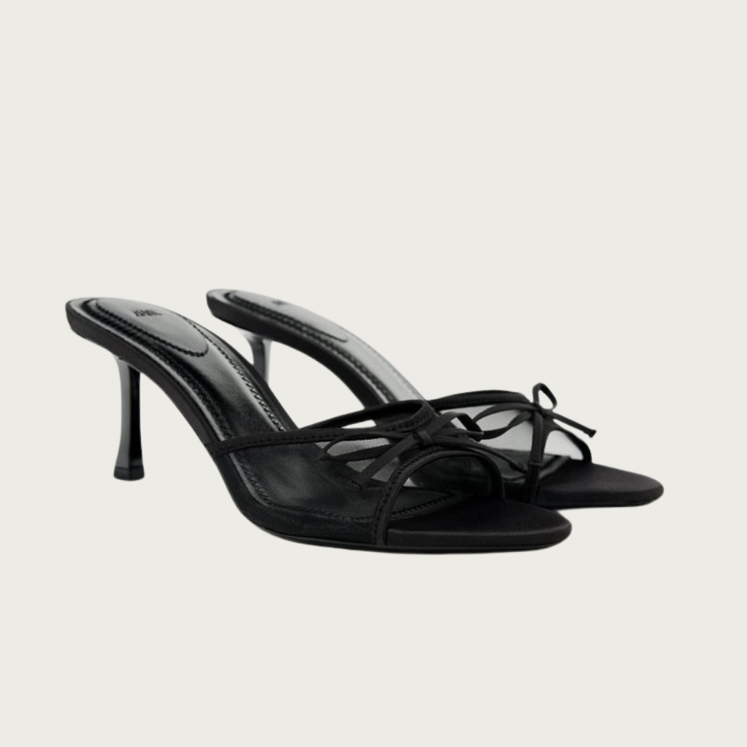 Black Mesh Bow Heeled Mules