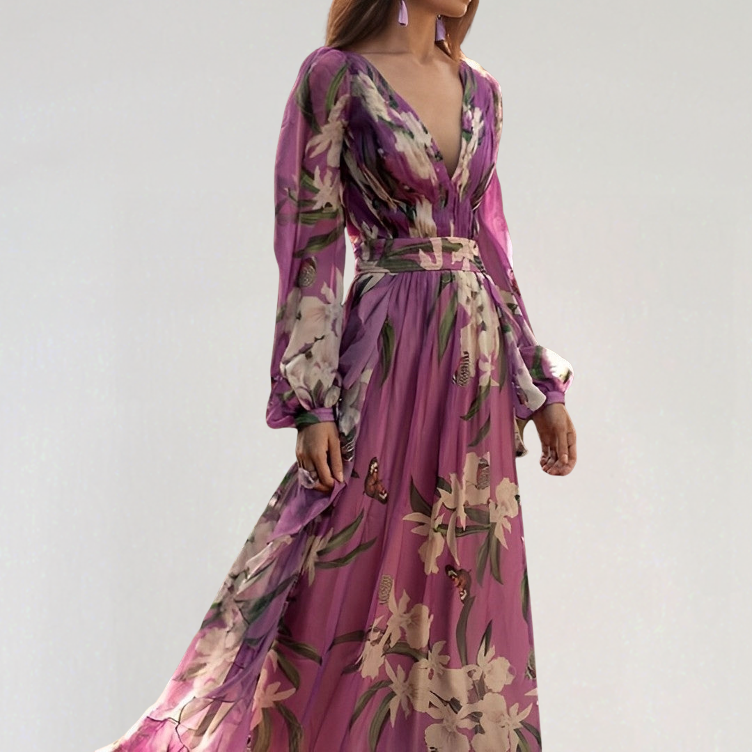 Elegant V-Neck Lightweight Chiffon Floral Maxi Dress