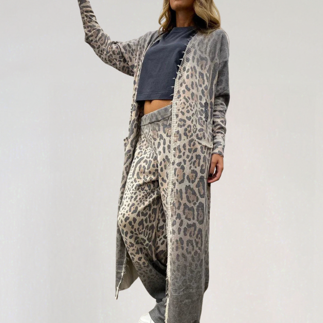 Leopard Print Loungewear Set for Women | Soft Cozy Matching Lounge Pants & Cardigan