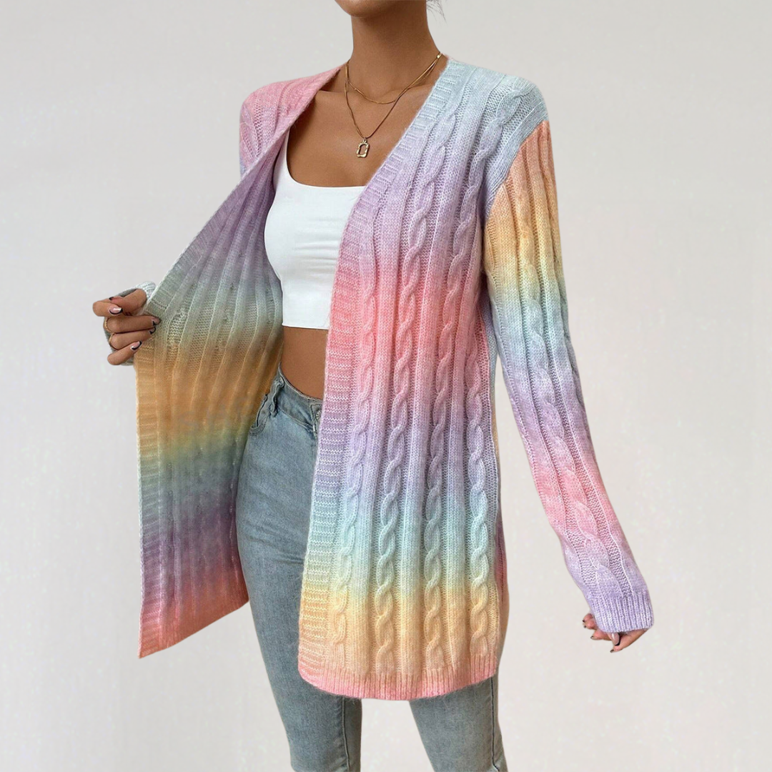 Pastel Rainbow Gradient Cable-Knit Cardigan