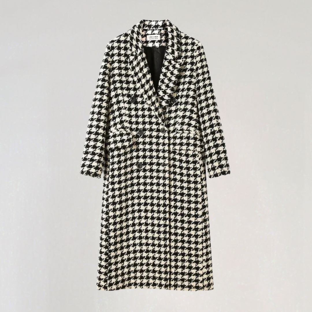 Elegant Houndstooth Long Coat for Women | Elegant Double-Breasted Winter Overcoat