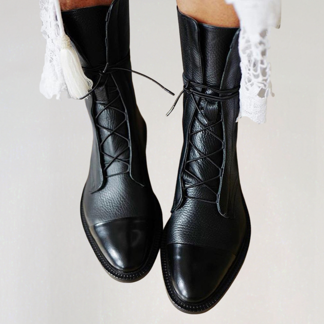 Women’s Black Lace-Up Leather Combat Boots | Classic Polished Toe Winter Ankle Boots