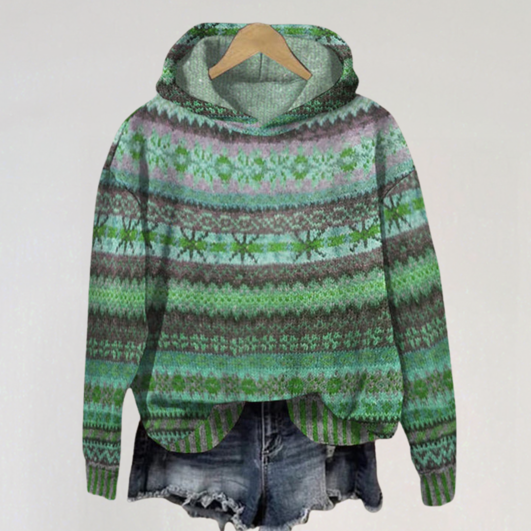 Nordic Knit Hoodie Sweater | Cozy Fair Isle Winter Pullover for Women