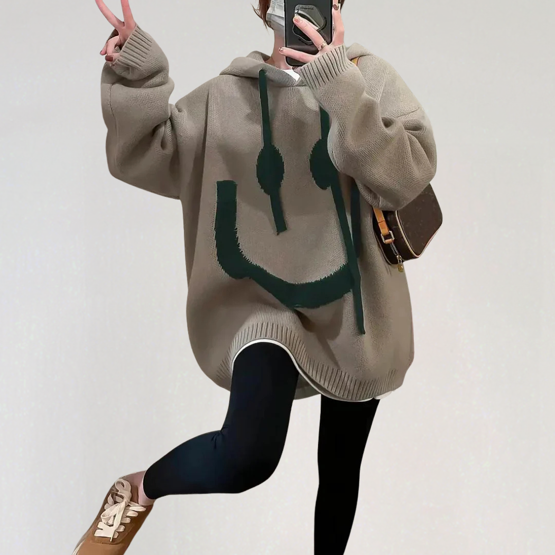 Oversized Smiley Face Hoodie | Trendy Graphic Streetwear Pullover for Women