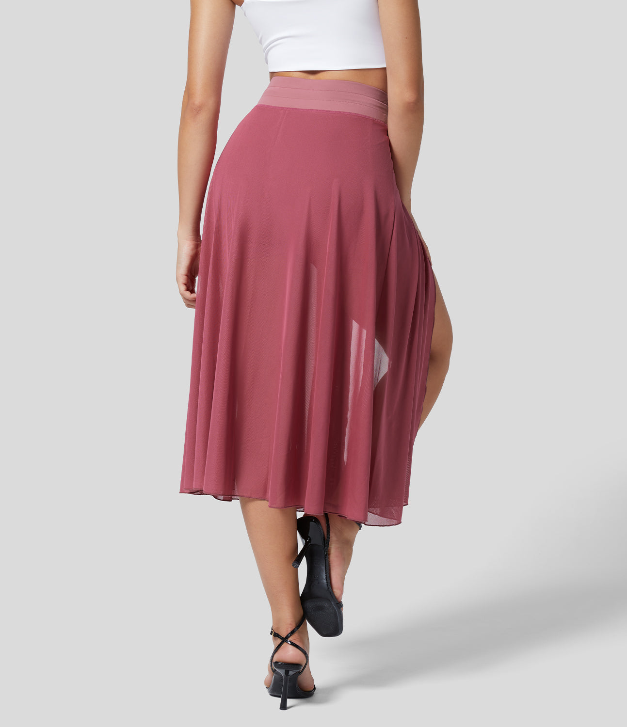 Mesh Overlay High Waist Midi Skirt with Inner Shorts & Pockets