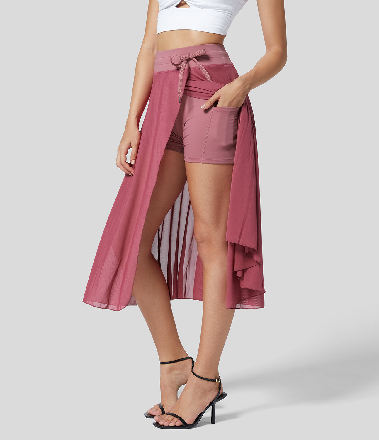 Mesh Overlay High Waist Midi Skirt with Inner Shorts & Pockets