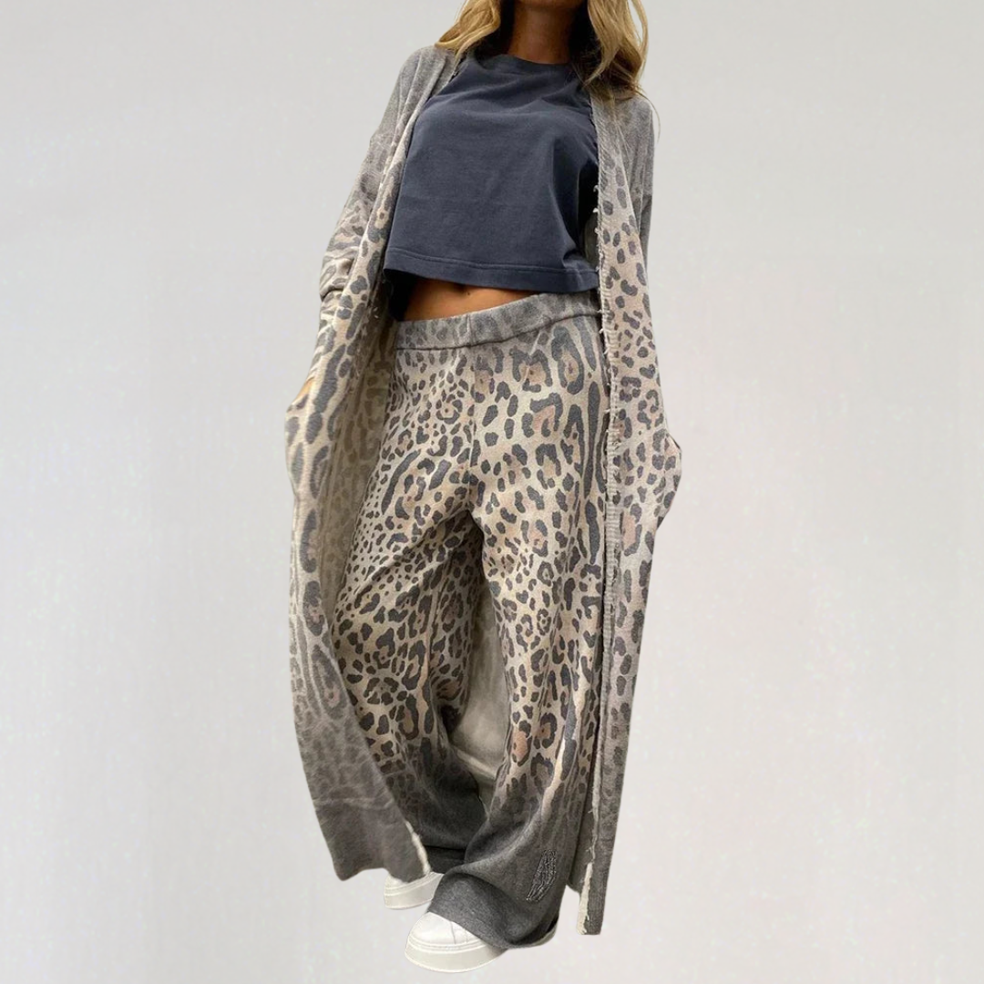 Leopard Print Loungewear Set for Women | Soft Cozy Matching Lounge Pants & Cardigan