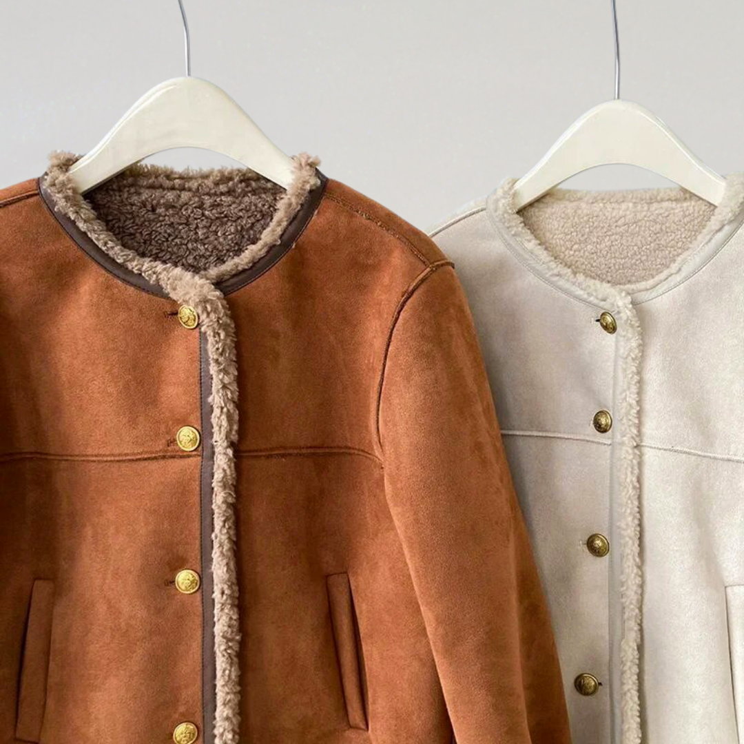 Women’s Faux Suede Shearling Jacket | Warm Winter Sherpa Coat with Button Closure