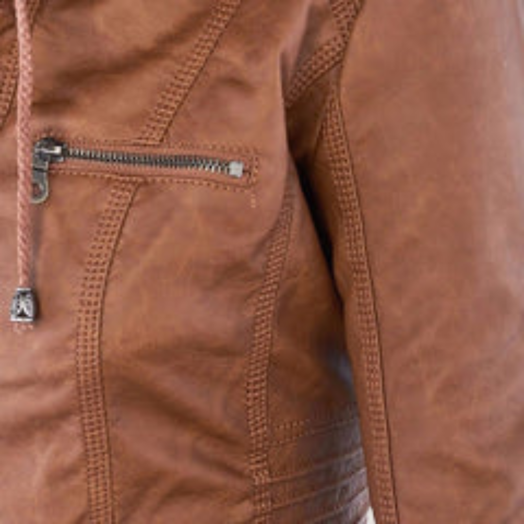 Women's Leather Jacket with Removable Hood