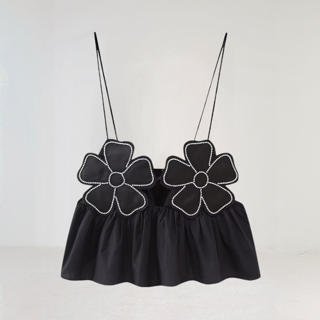 Black Rhinestone Flower Bralette Top
