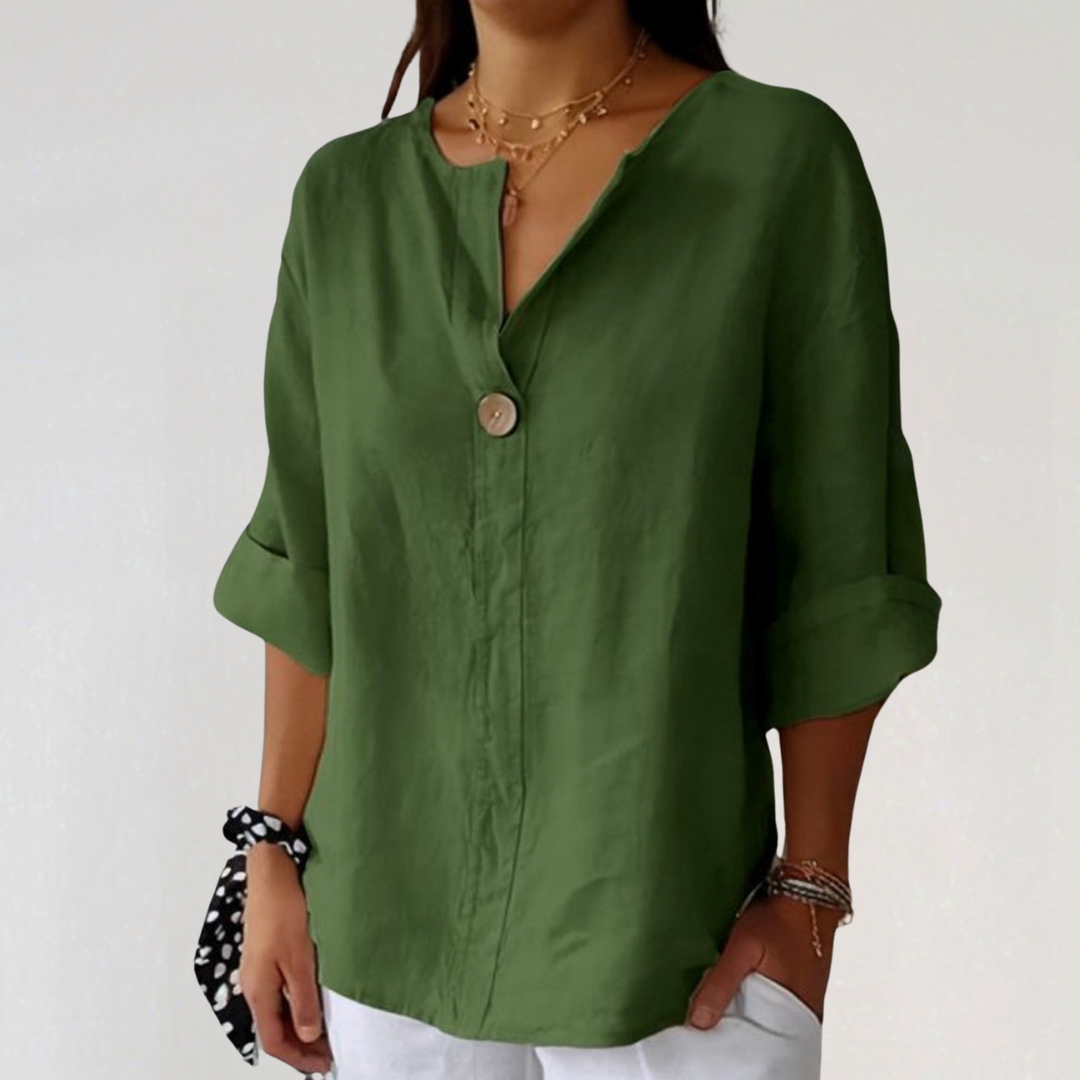 Velniq | Linen Blouse | Casual V-Neck Button-Up | Women