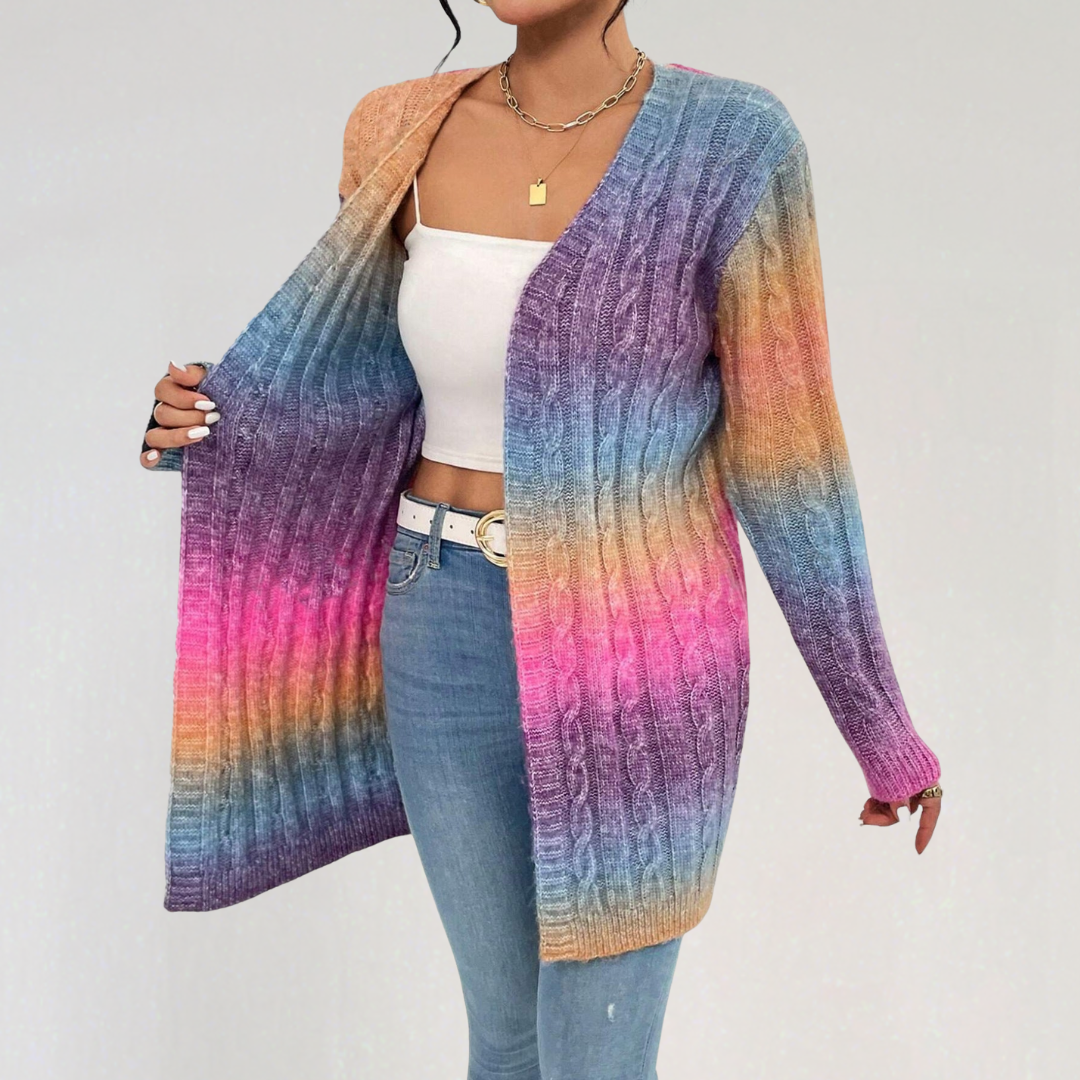 Pastel Rainbow Gradient Cable-Knit Cardigan