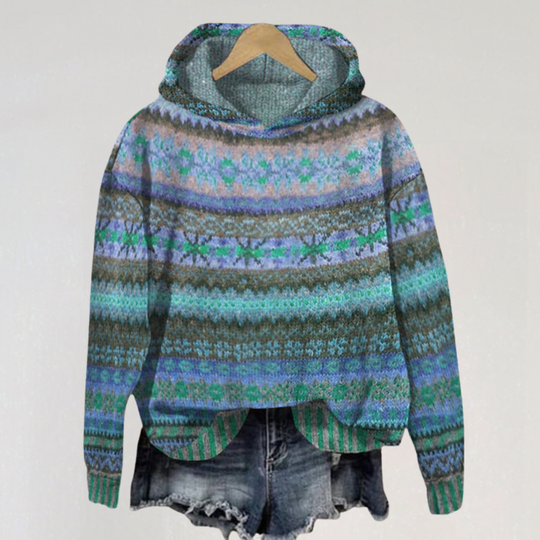 Nordic Knit Hoodie Sweater | Cozy Fair Isle Winter Pullover for Women