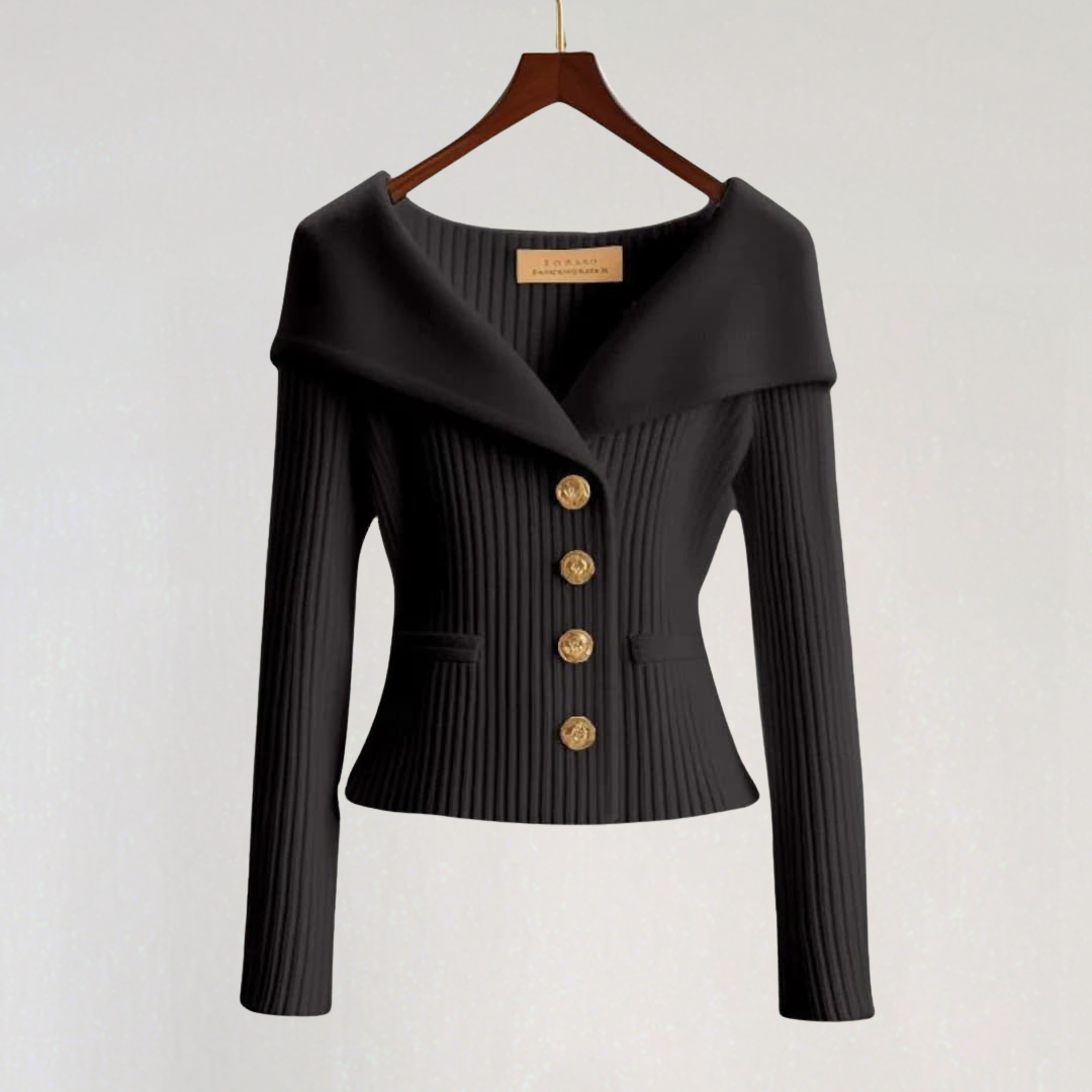 Off-Shoulder Knit Cardigan with Gold Buttons
