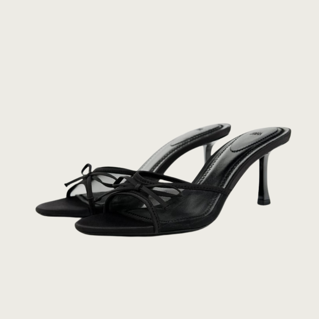 Black Mesh Bow Heeled Mules