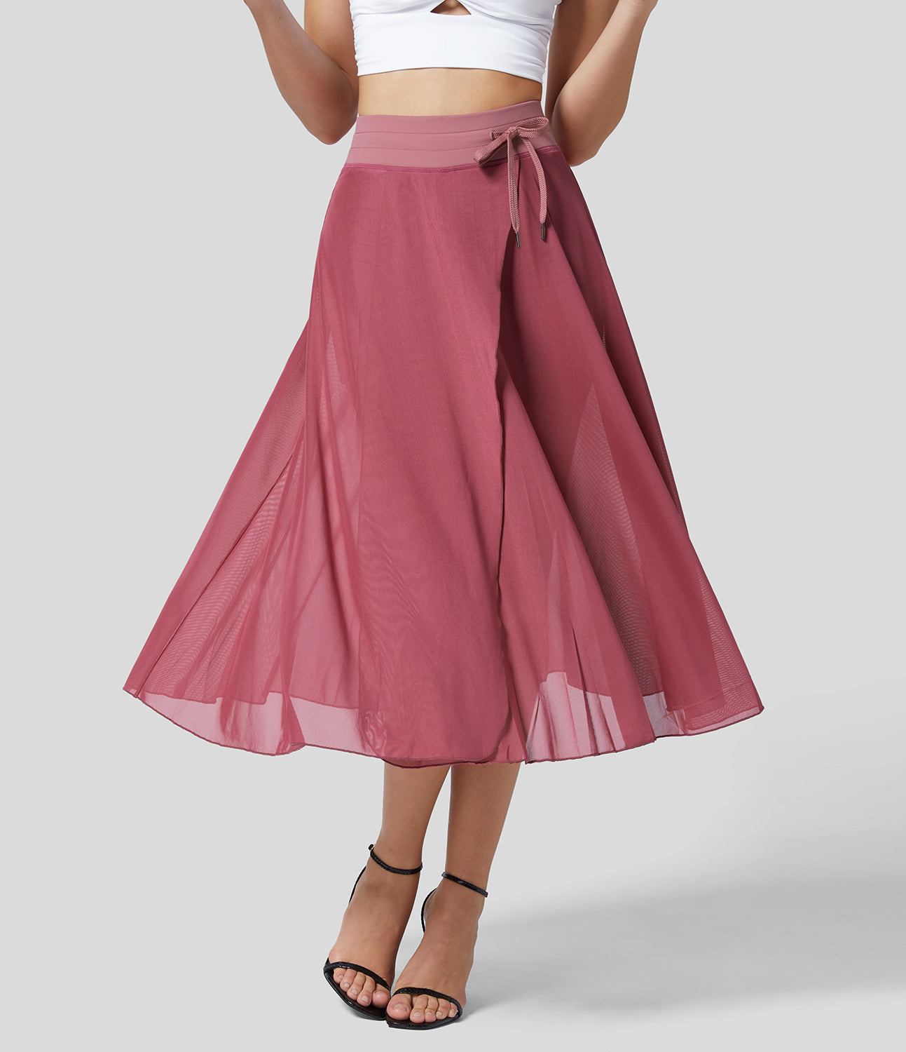 Mesh Overlay High Waist Midi Skirt with Inner Shorts & Pockets