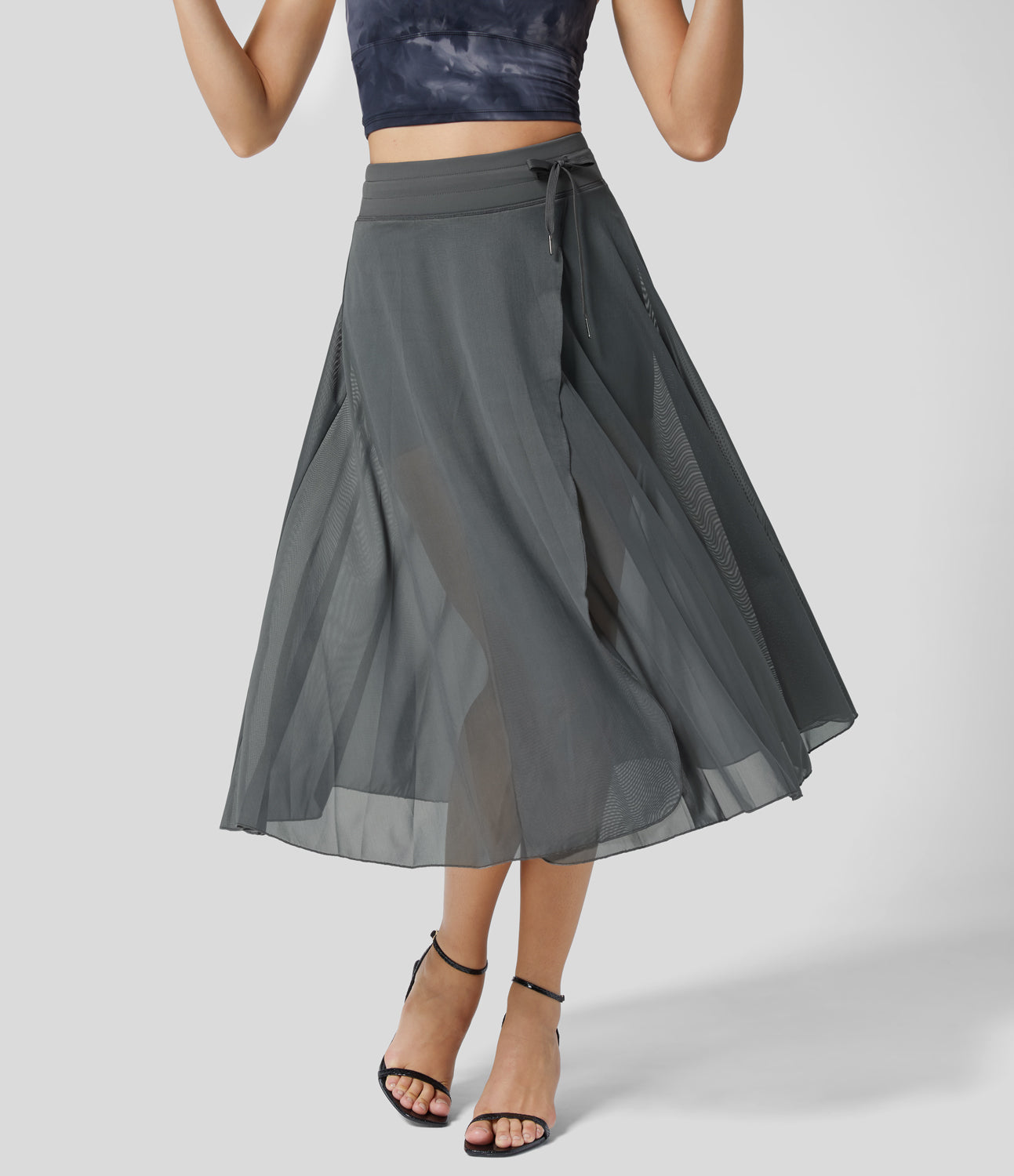 Mesh Overlay High Waist Midi Skirt with Inner Shorts & Pockets