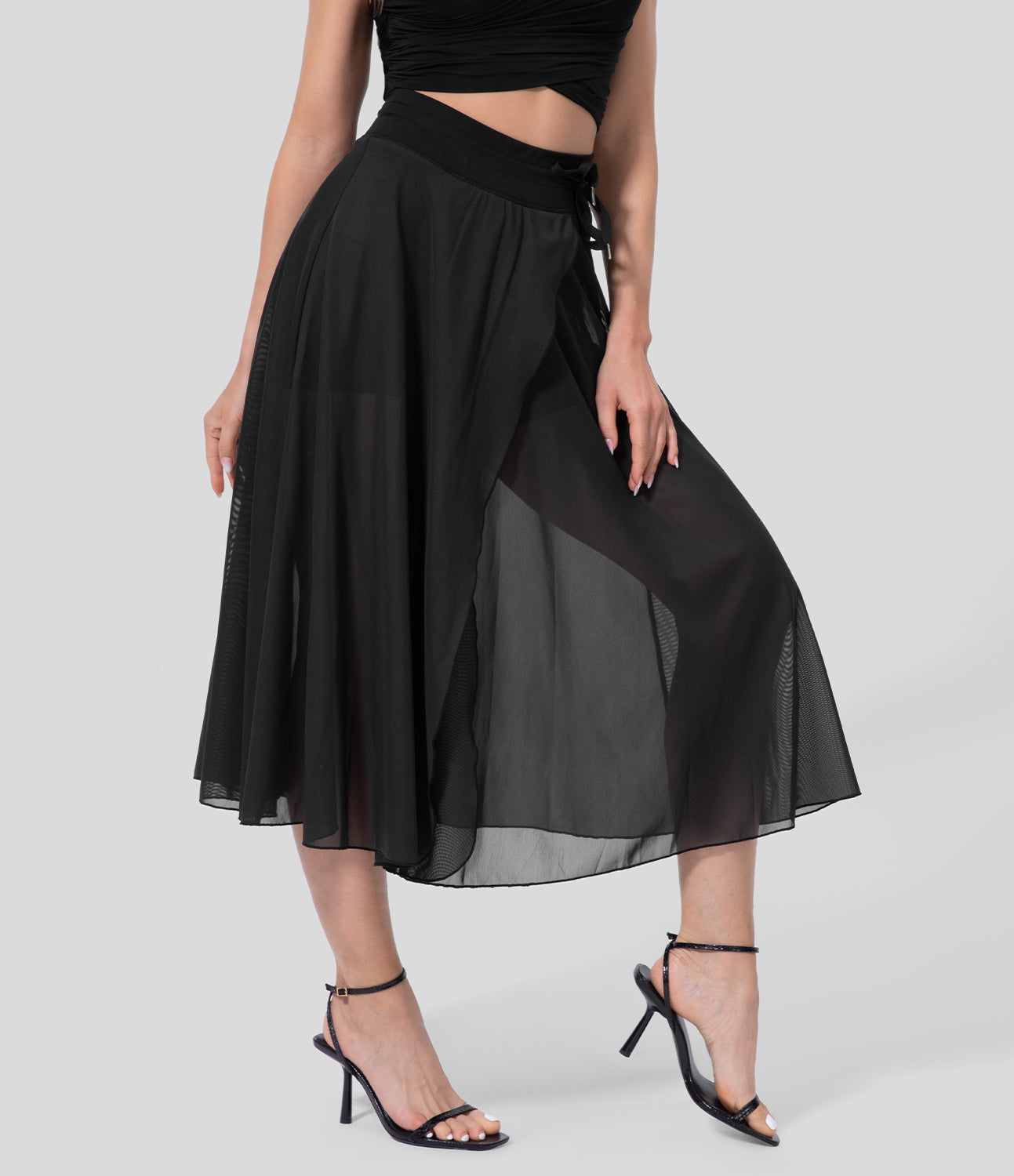 Mesh Overlay High Waist Midi Skirt with Inner Shorts & Pockets
