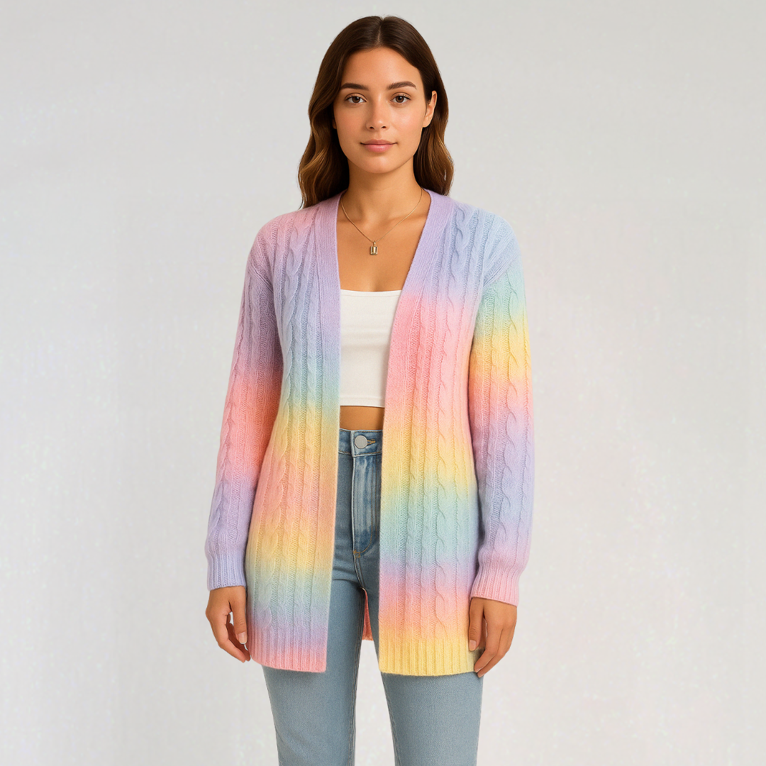 Pastel Rainbow Gradient Cable-Knit Cardigan