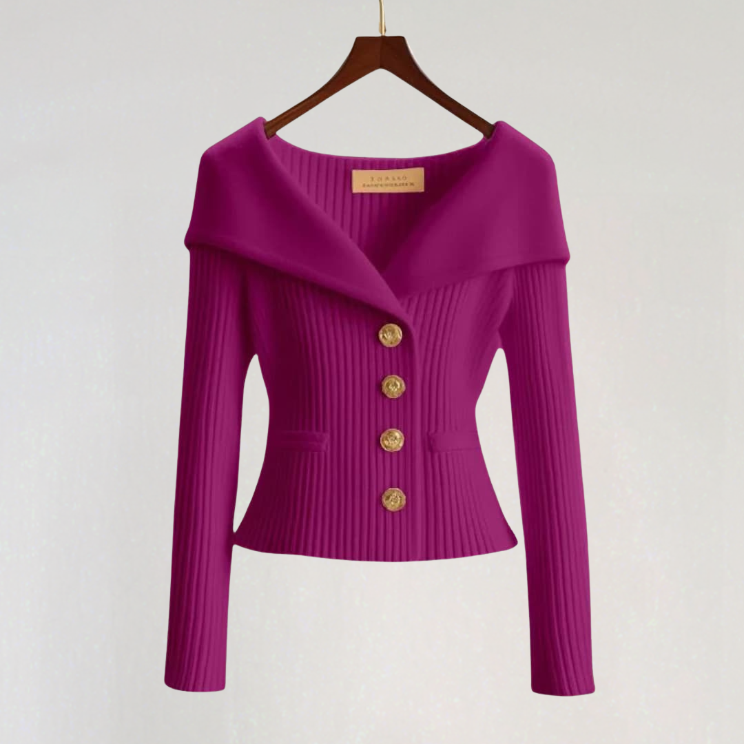 Off-Shoulder Knit Cardigan with Gold Buttons
