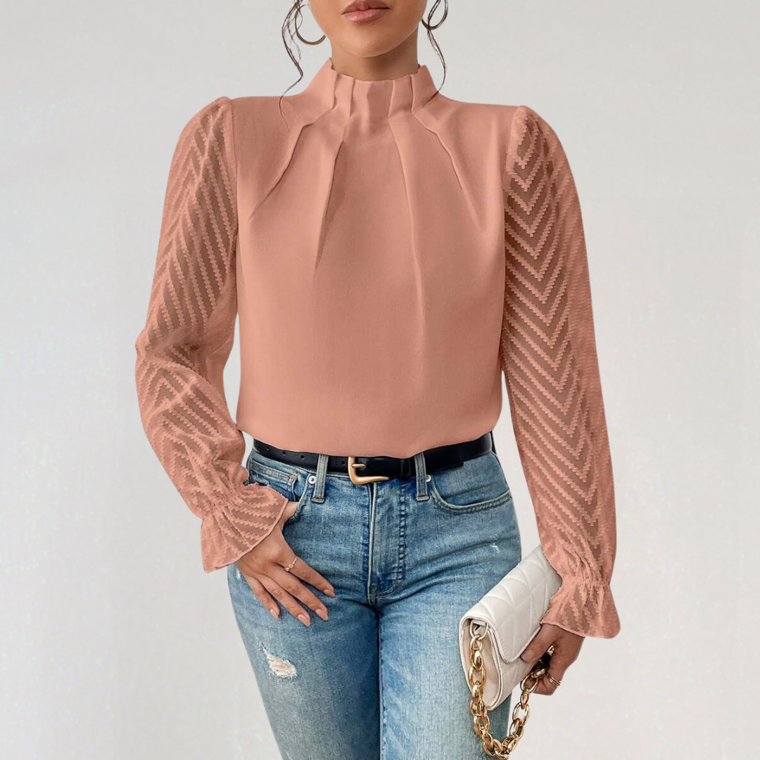 Chiffon Pleated Mock‑Neck Shirt with Chevron Sleeve