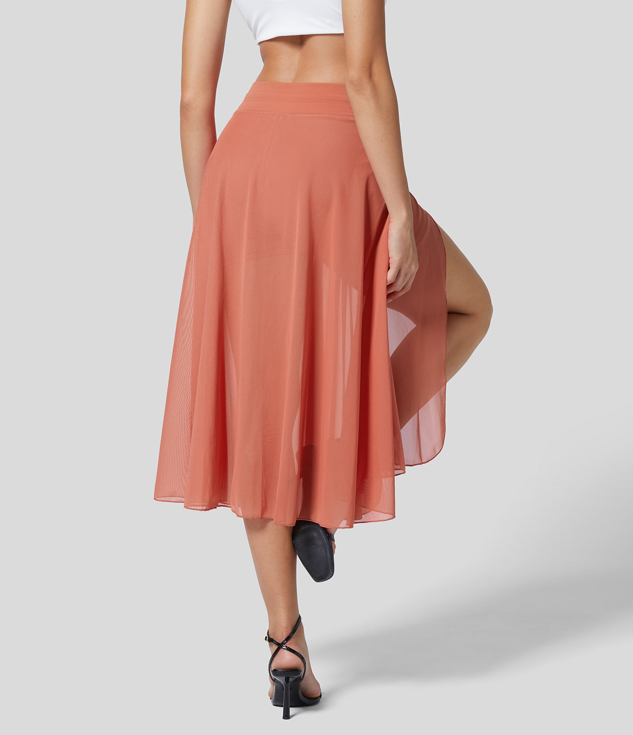 Mesh Overlay High Waist Midi Skirt with Inner Shorts & Pockets