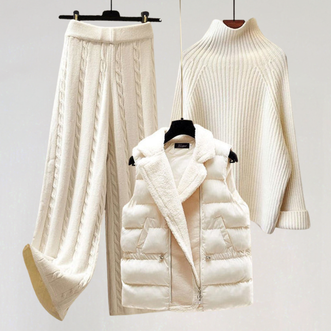 3 Piece Knit Set for Women | Sweater, Wide Leg Pants & Puffer Vest | Cozy All-Season Matching