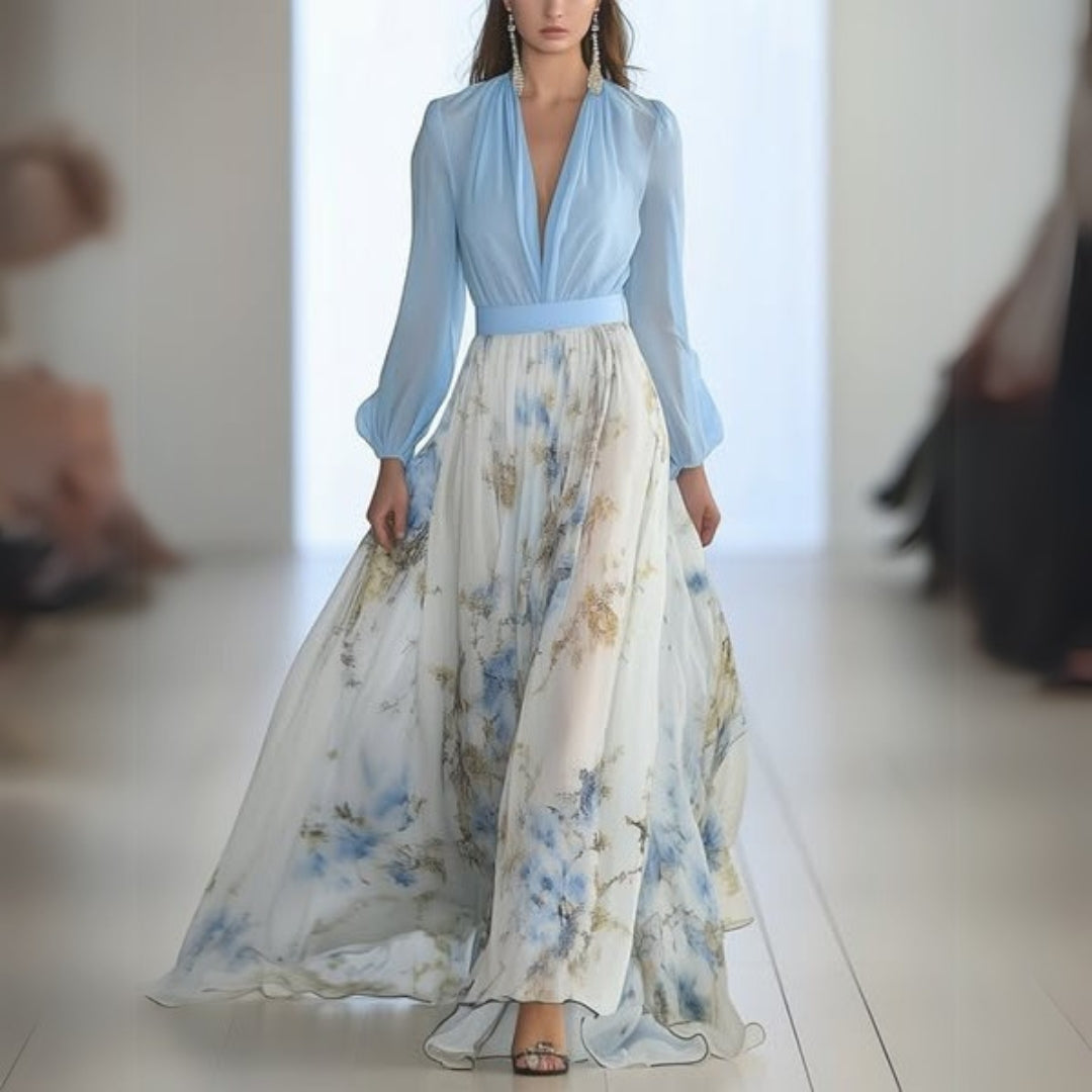 Elegant Sky Blue Floral Maxi Dress