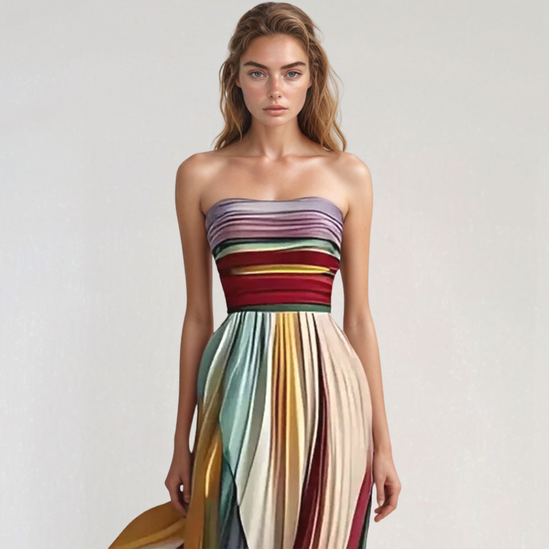 Off Shoulder Multicolored Pleated Maxi Dress