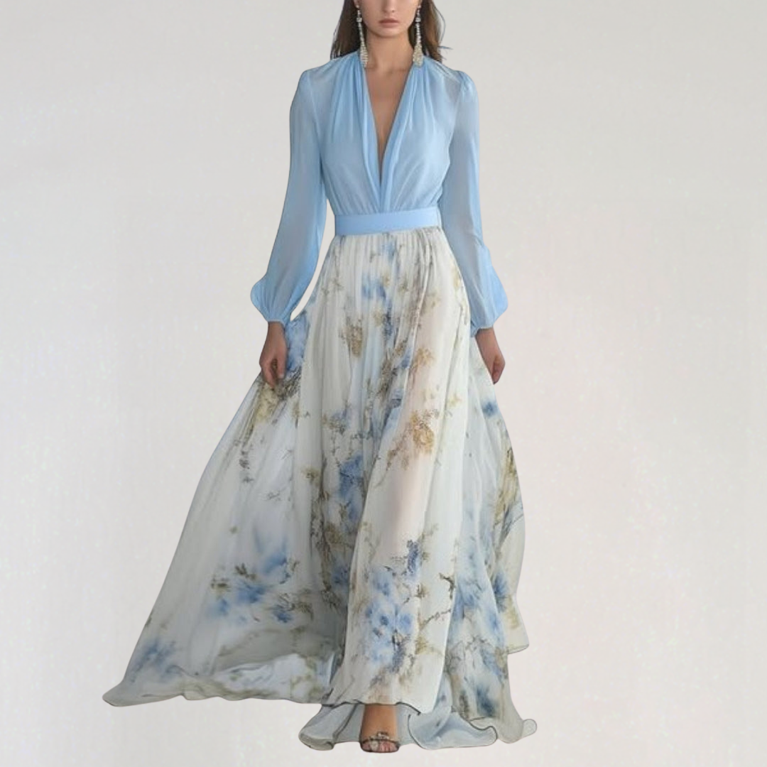 Elegant Sky Blue Floral Maxi Dress