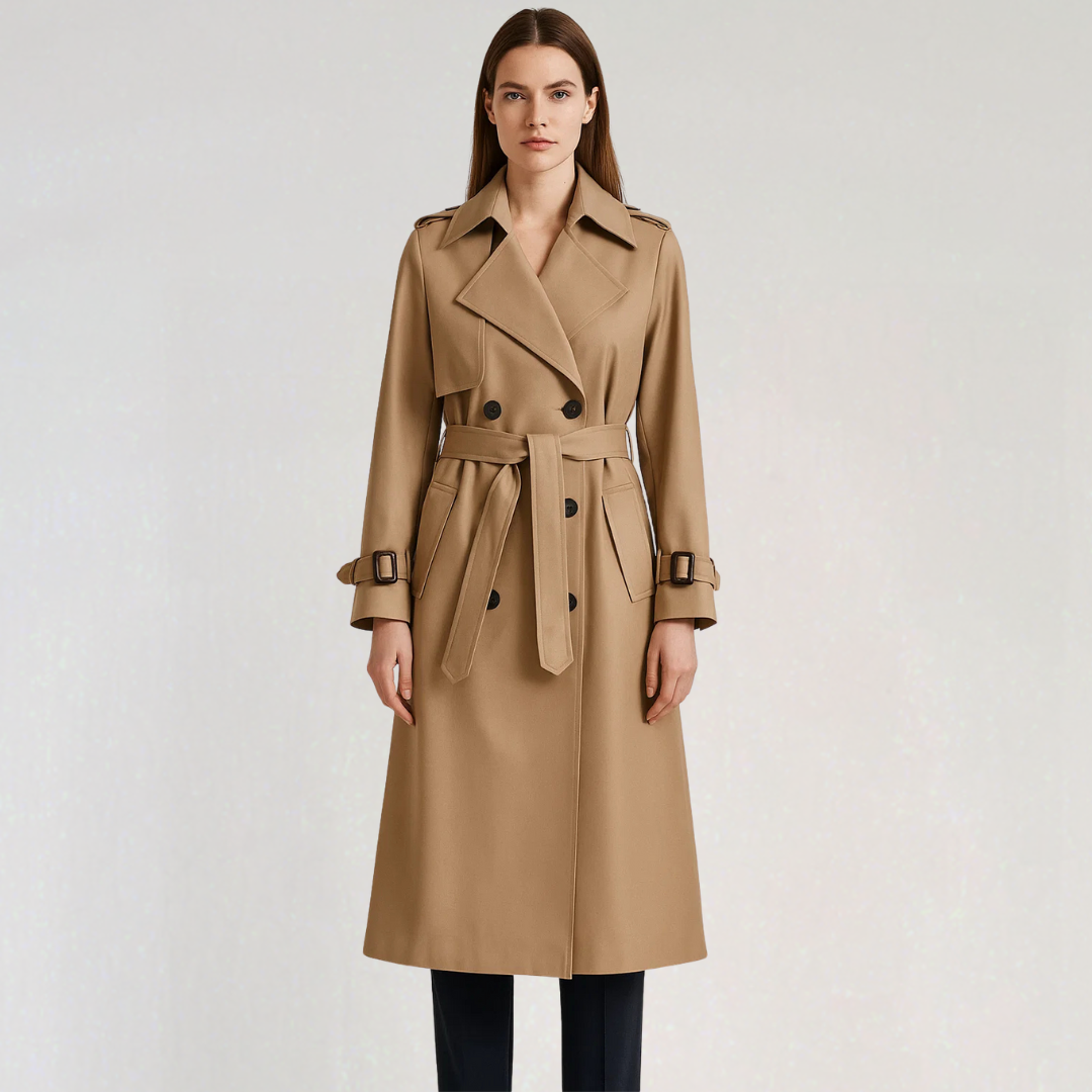 Elegant Long Belted Trench Coat for Women | Double-Breasted Windbreaker Jacket