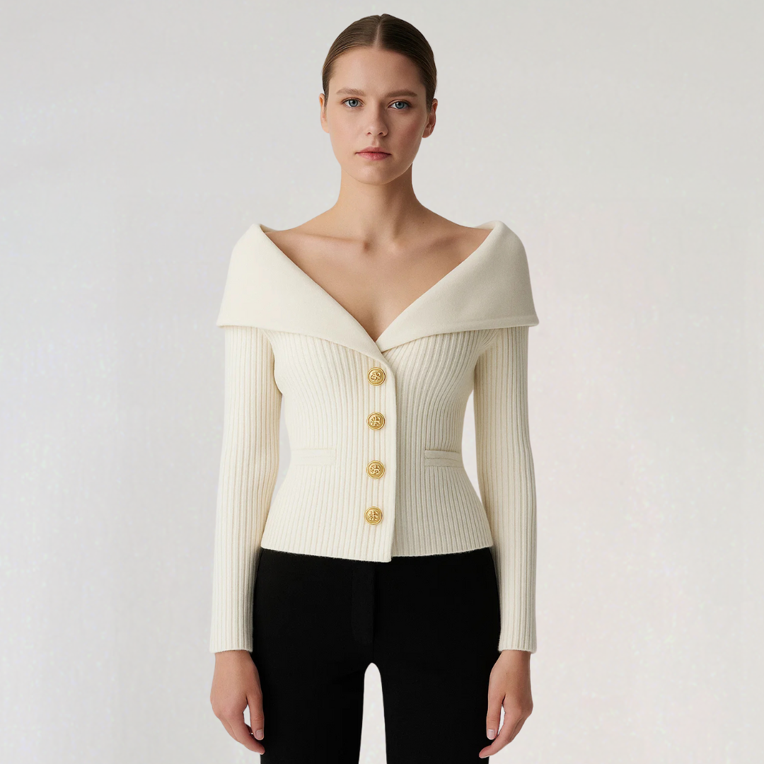 Off-Shoulder Knit Cardigan with Gold Buttons