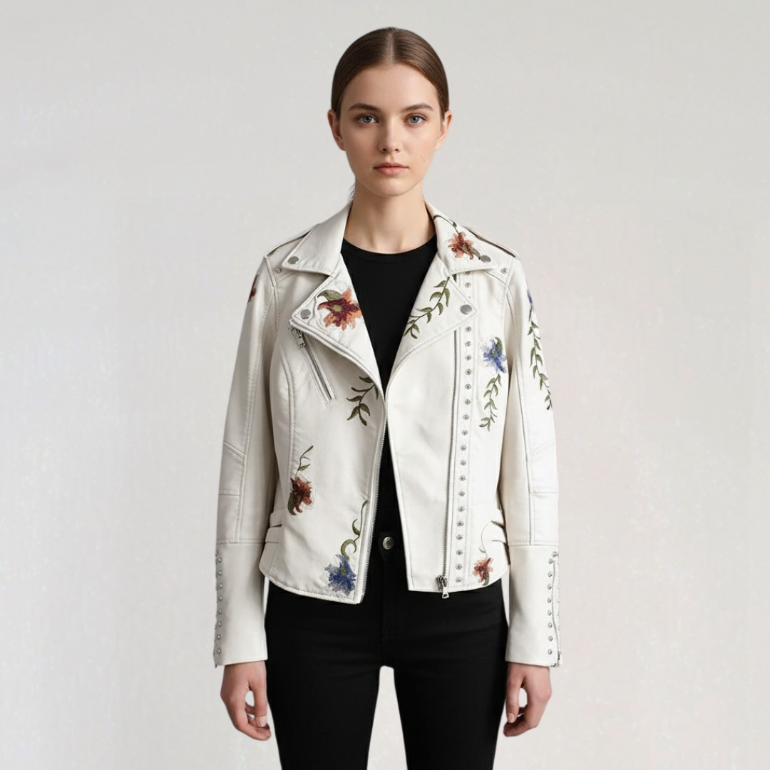 Women’s Floral Embroidered Faux Leather Biker Jacket