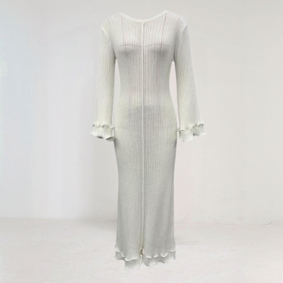 Elegant Ribbed Maxi Dress with Ruffle Sleeves