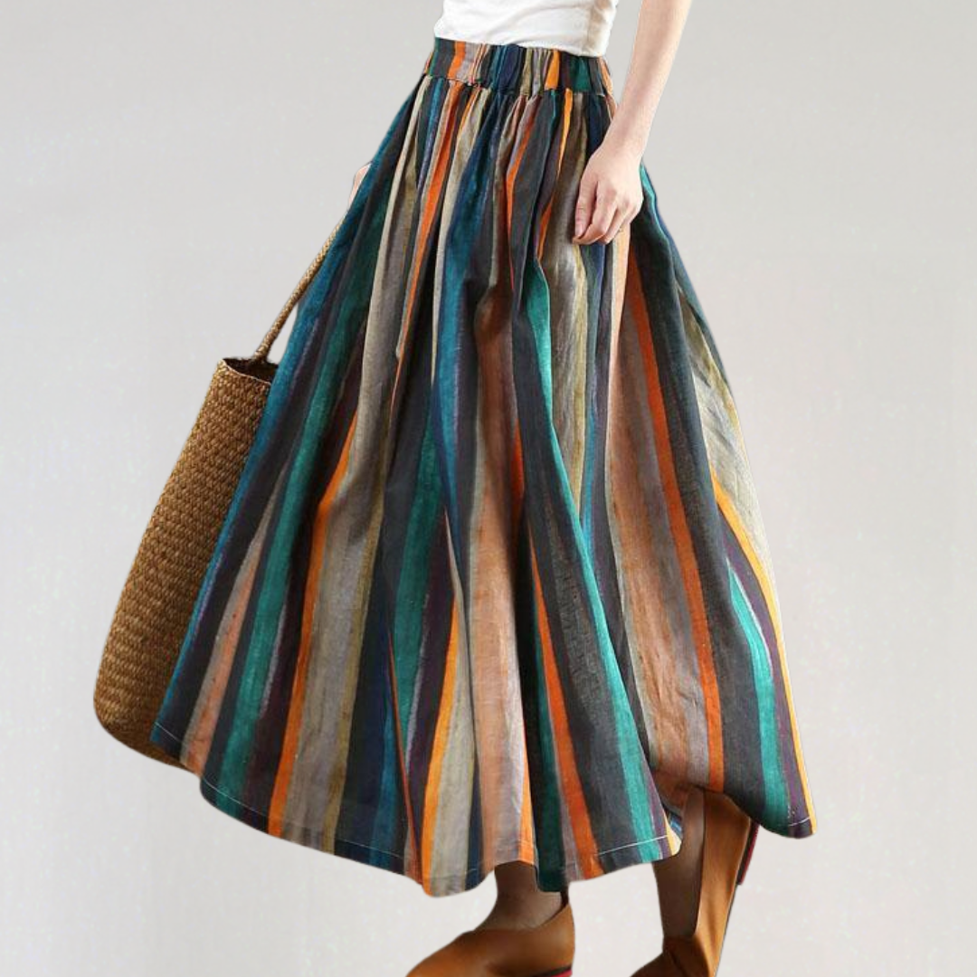 Striped A-Line Retro Print Linen Skirt