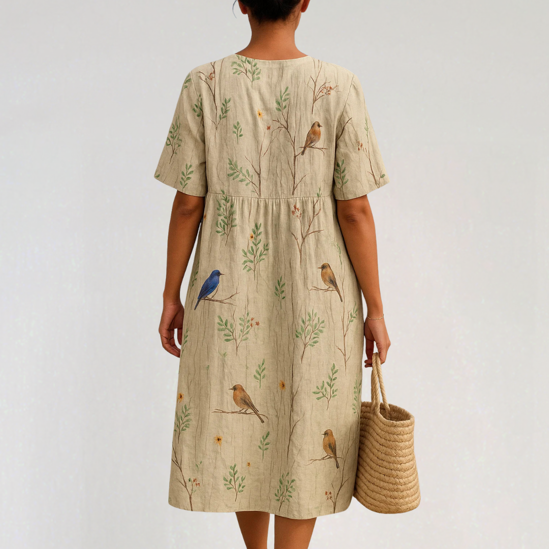 Casual Cotton-Linen Dress with Bird & Branch Print
