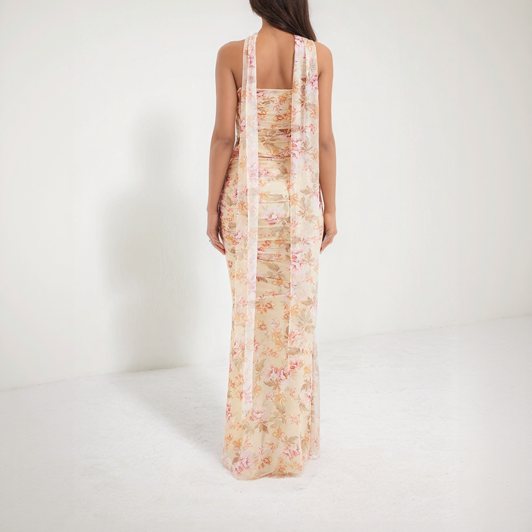 Floral Two Piece Maxi Dress with Scarf Neck