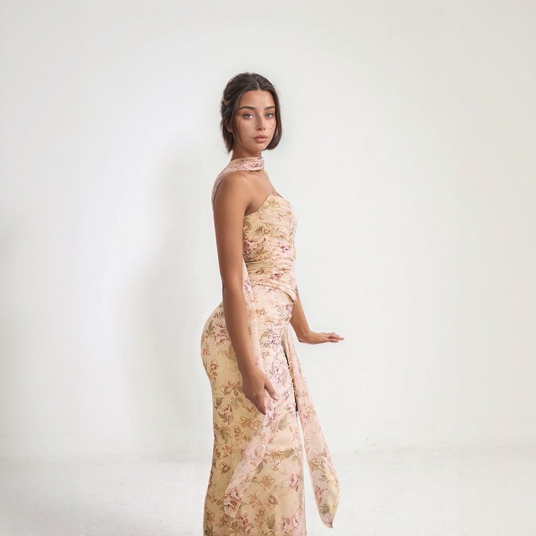 Floral Two Piece Maxi Dress with Scarf Neck