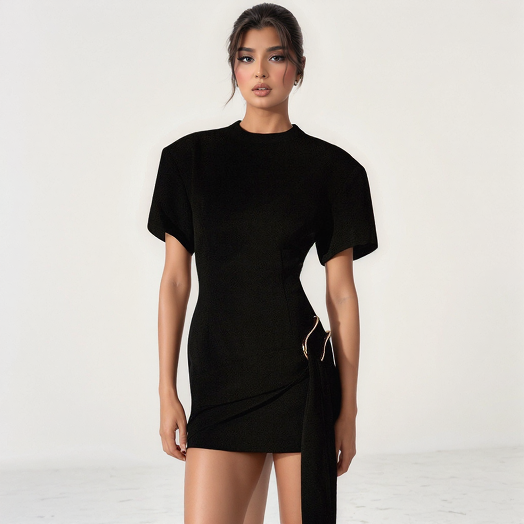 Black Puff Sleeve Mini Dress with Gold Buckle & Draped Side