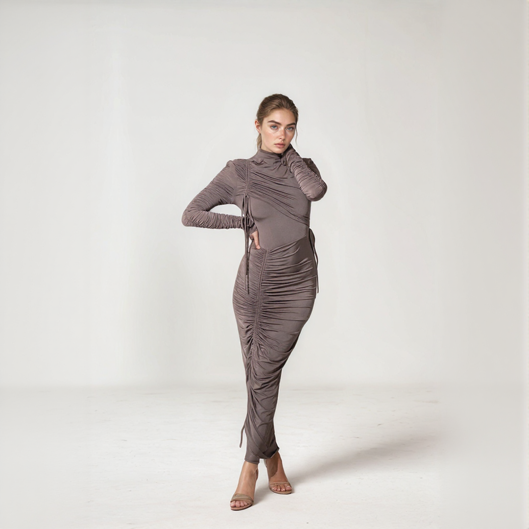 Ruched Bodycon Long Sleeve Midi Dress
