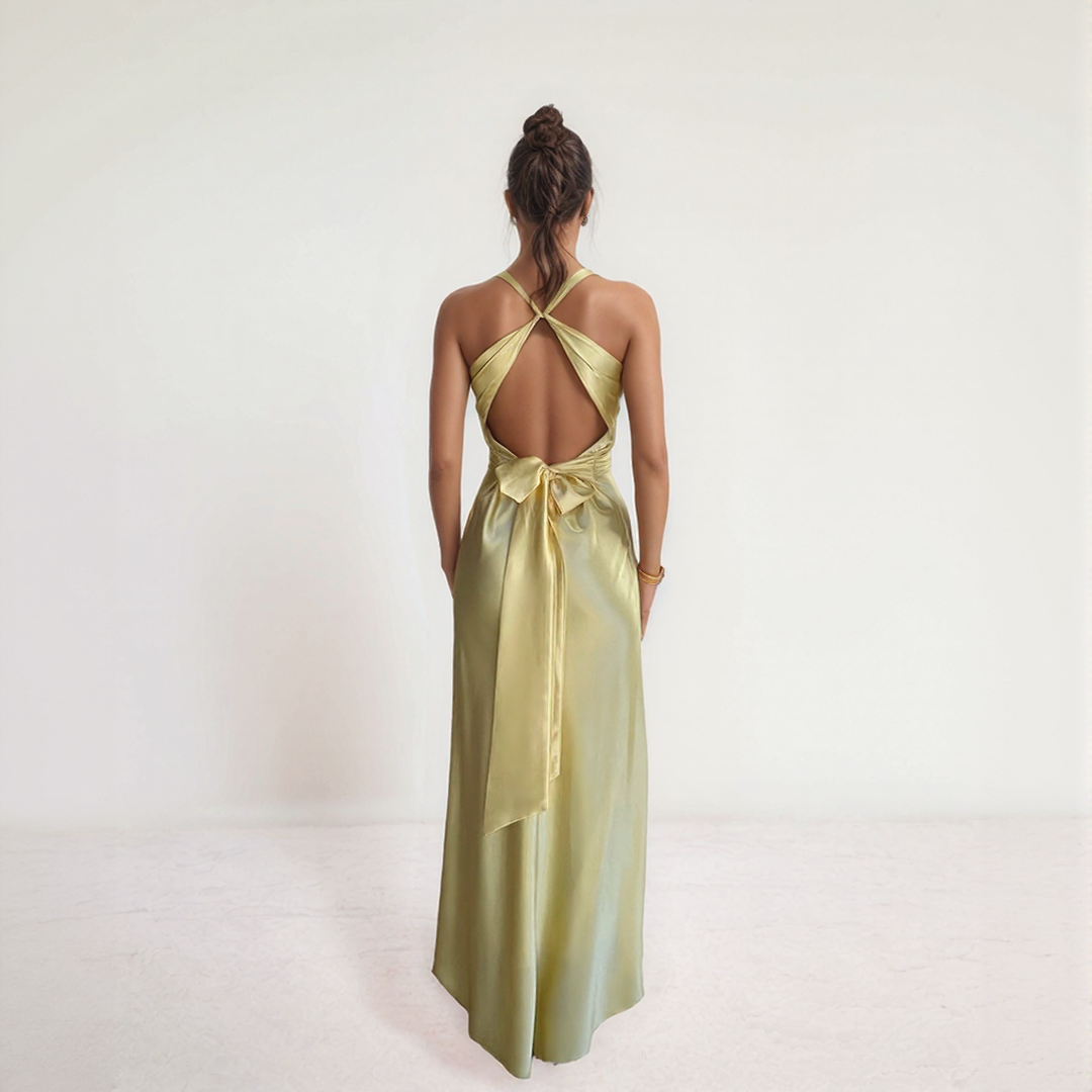 Twist Front Satin Maxi Dress with Open Back