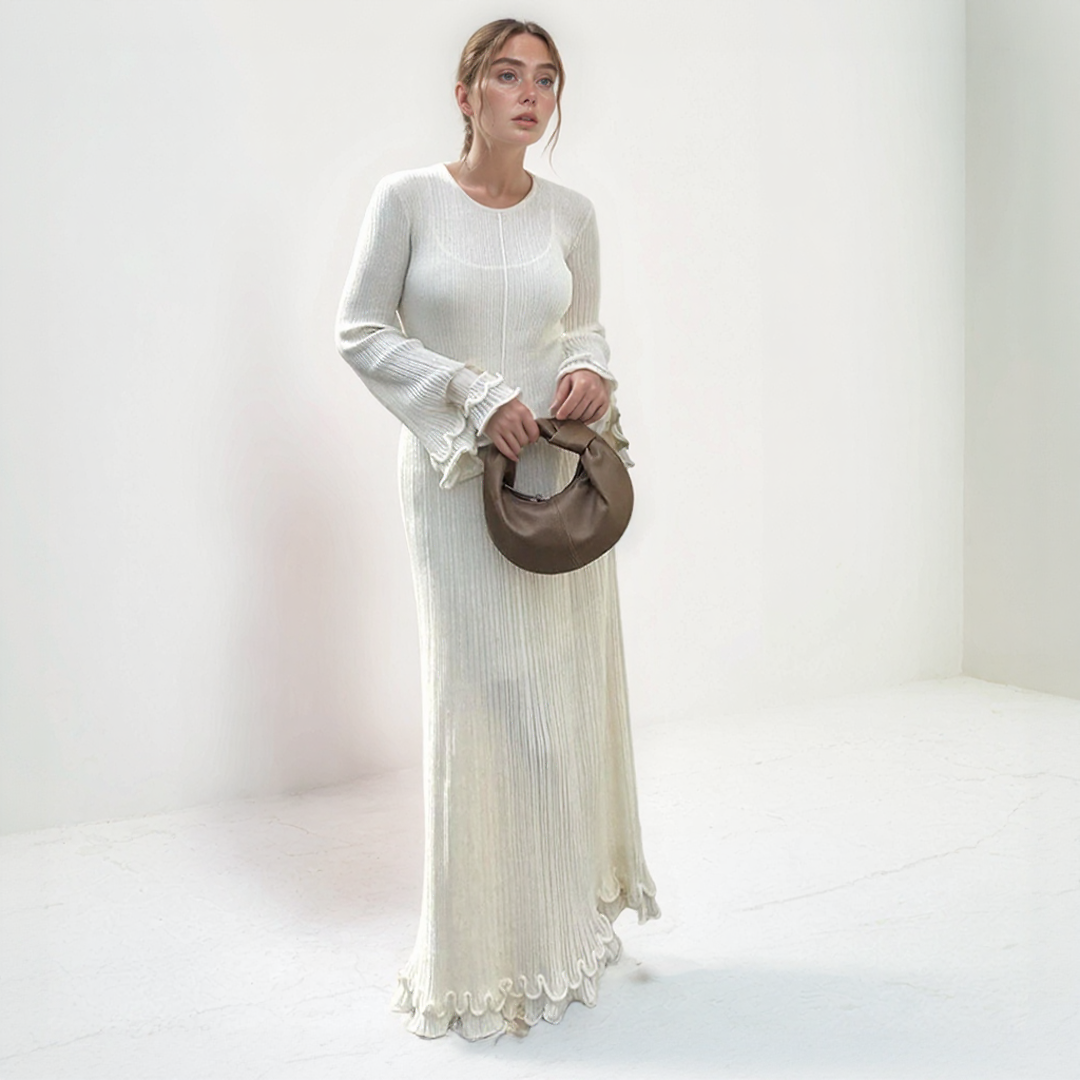 Elegant Ribbed Maxi Dress with Ruffle Sleeves