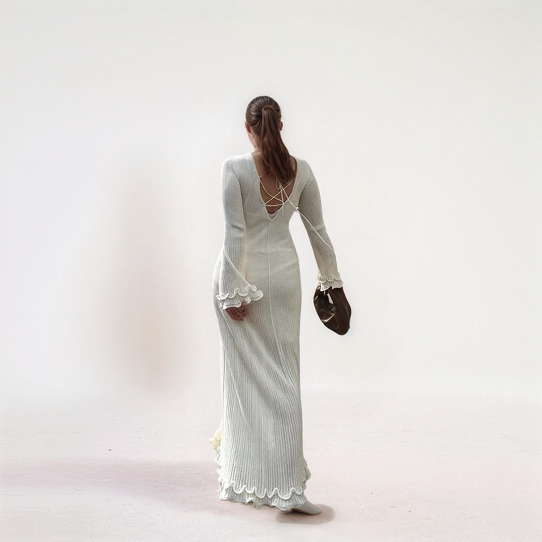 Elegant Ribbed Maxi Dress with Ruffle Sleeves