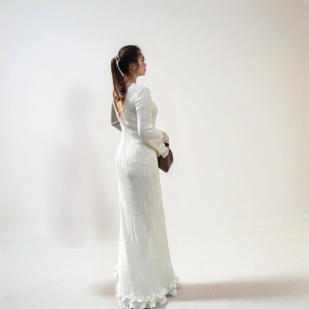 Elegant Ribbed Maxi Dress with Ruffle Sleeves