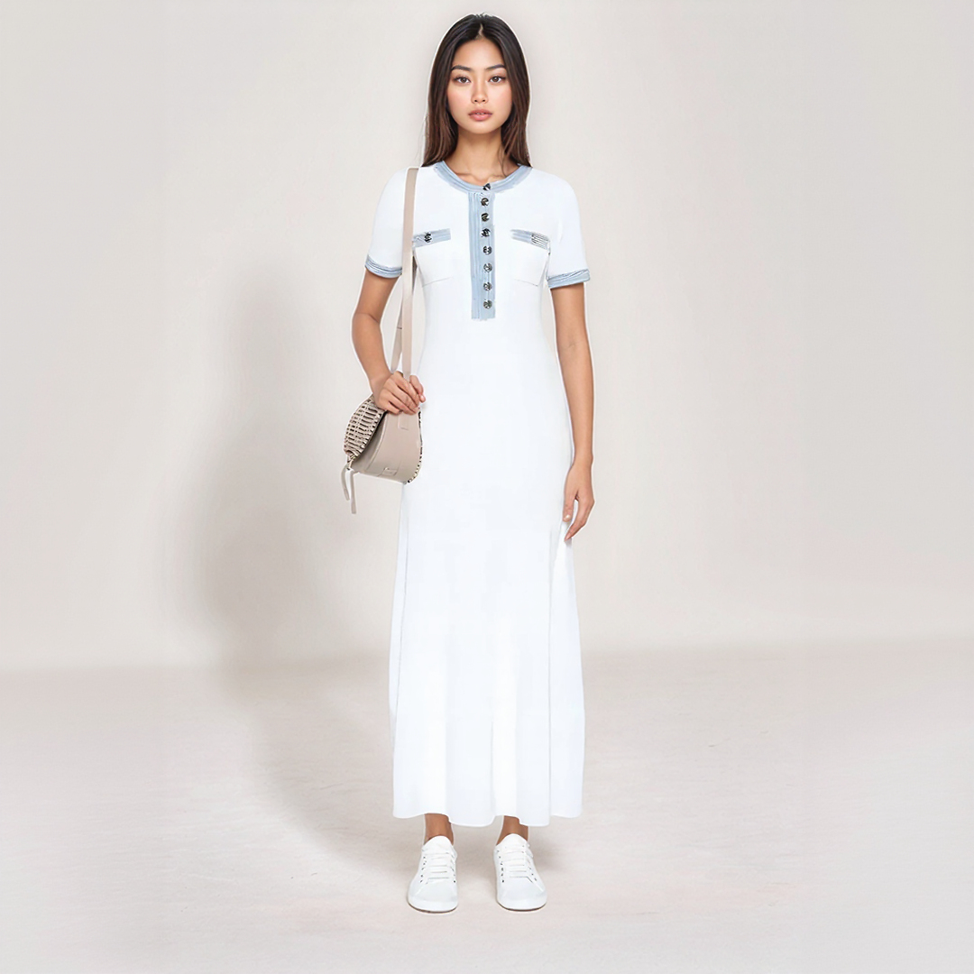 Chic Ribbed Maxi Dress with Denim Trim