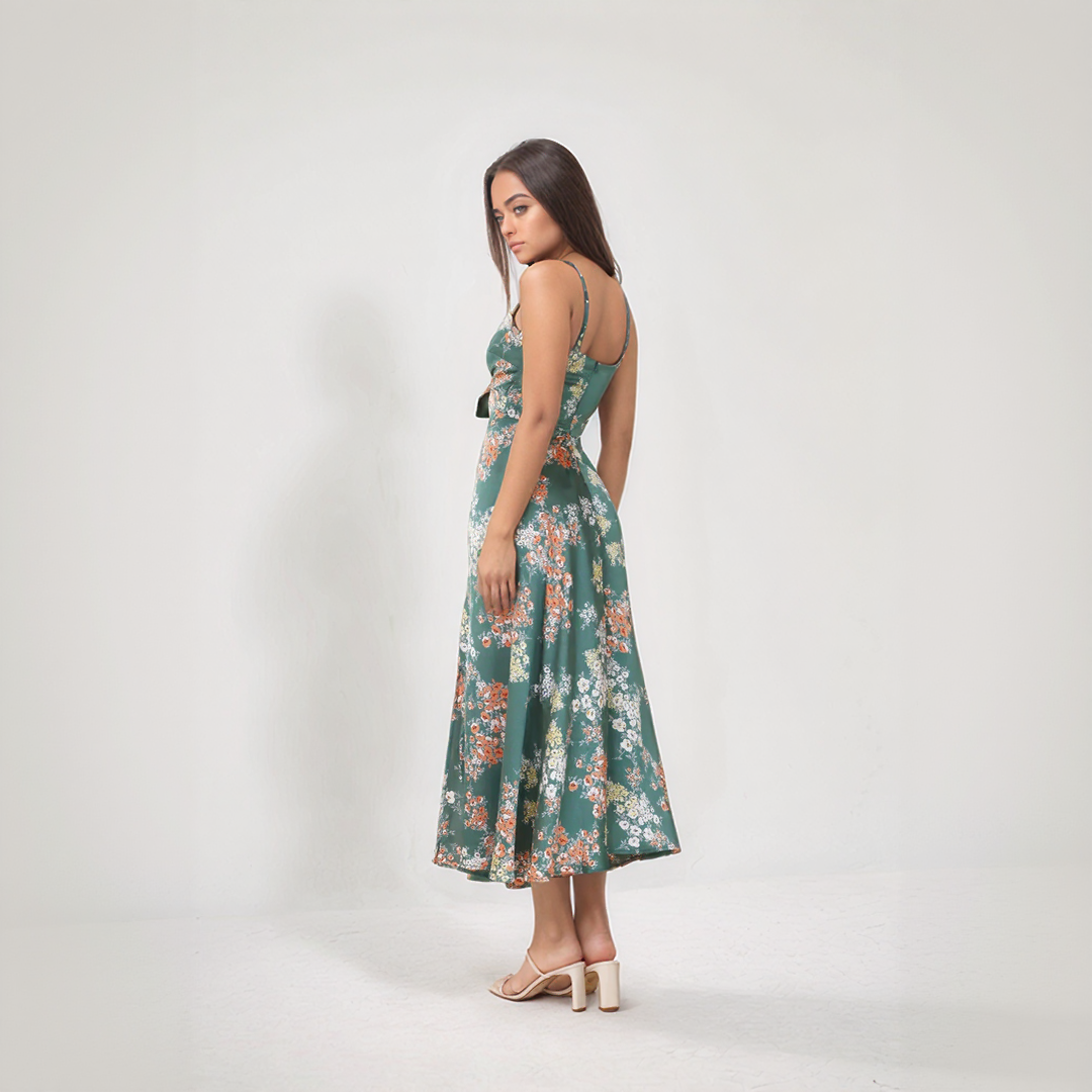 Floral Tie Front Summer Midi Dress with Slit
