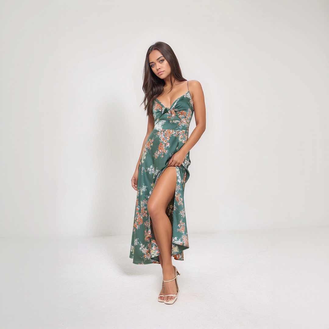 Floral Tie Front Summer Midi Dress with Slit