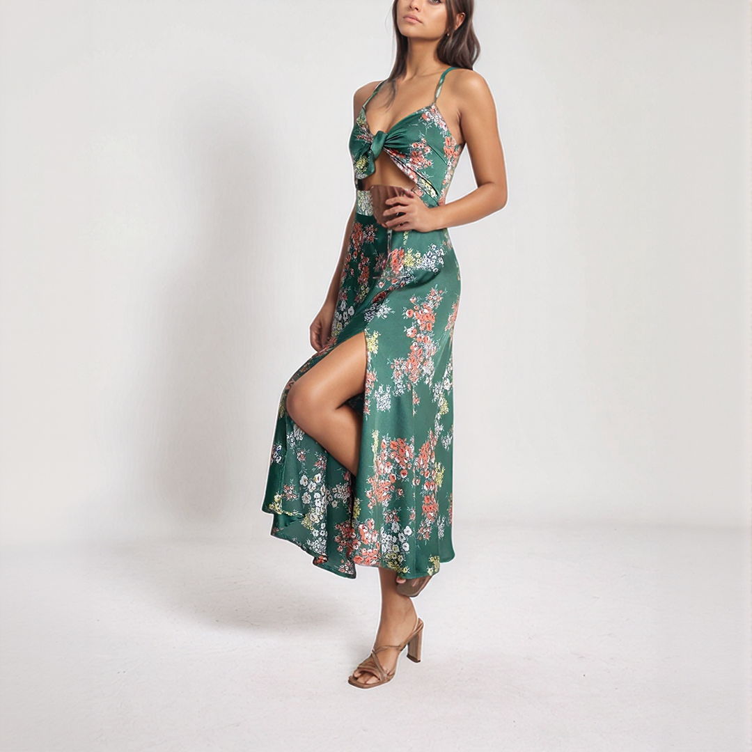 Floral Tie Front Summer Midi Dress with Slit